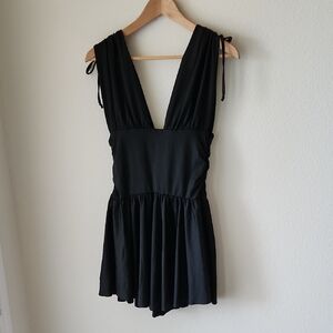Black Sleeveless Deep V-Neck Mini Dress Tie Ruched Shoulders Sz S/M Party LBD